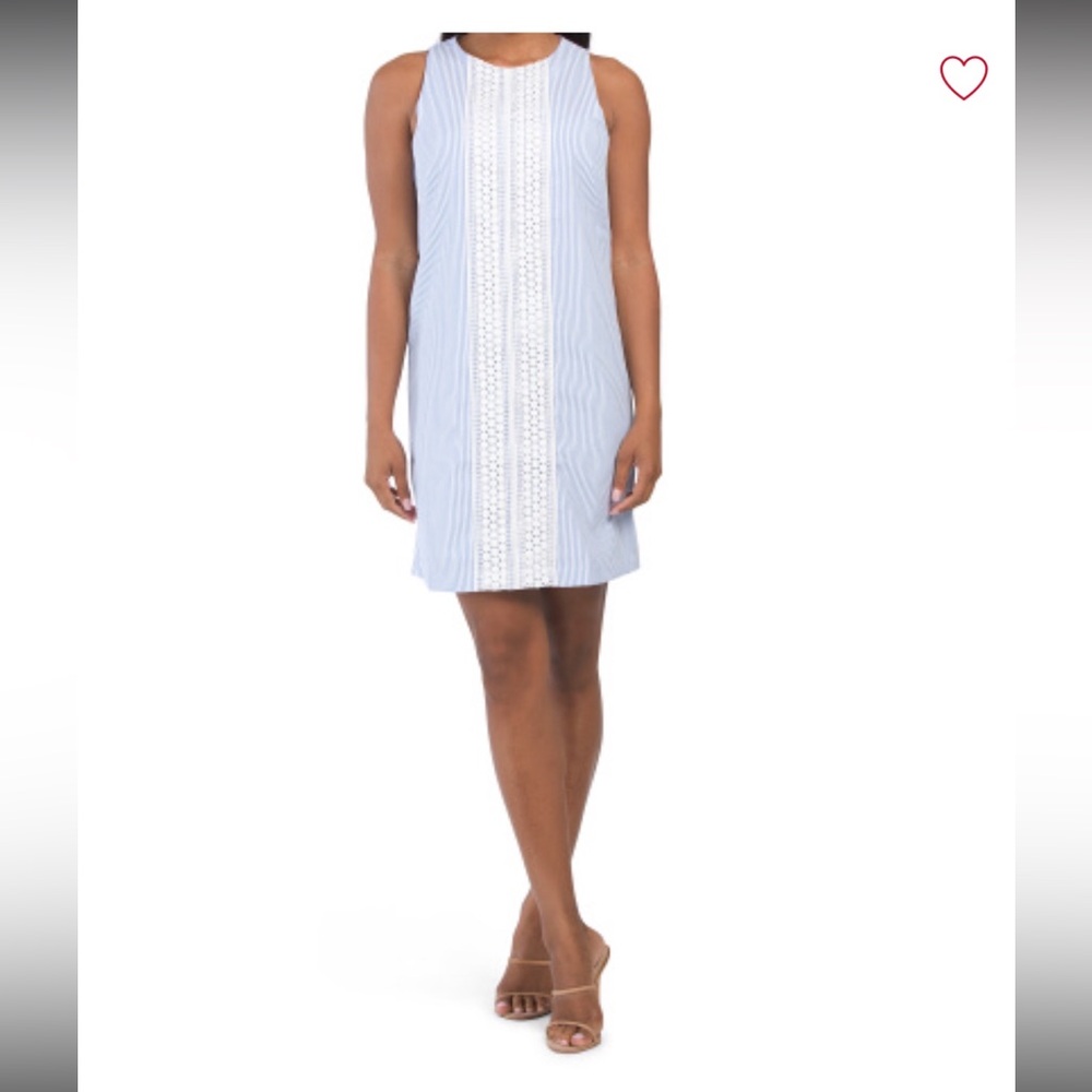 London Times Seersucker Shift Dress With Crochet Detail